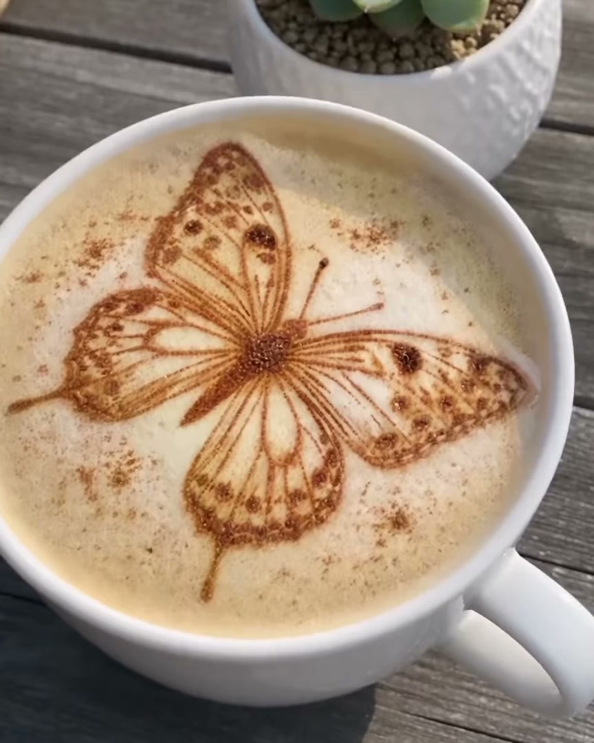 A butterfly design dusted on latte foam