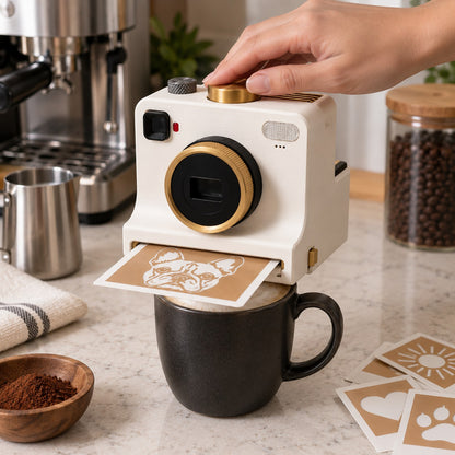 LATTECAM on the kitchen counter printing over a mug